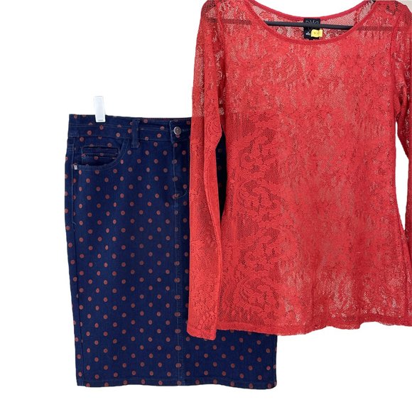 PILCRO & The LETTERPRESS dark navy stretch denim skirt w/ fuzzy polka dots SZ 28 - Picture 14 of 14